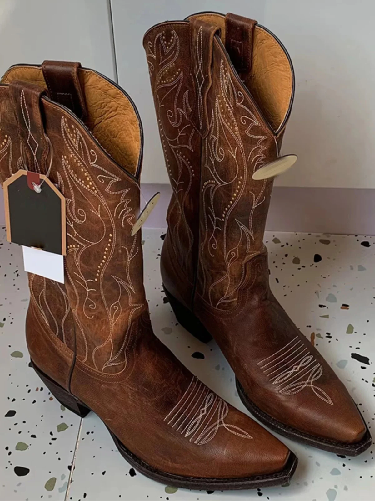 

Spring Summer New Embroidered Western Cowboy Boots High Heel Retro Pointed Toe Knight Fashion Boots Women Leather Uppers