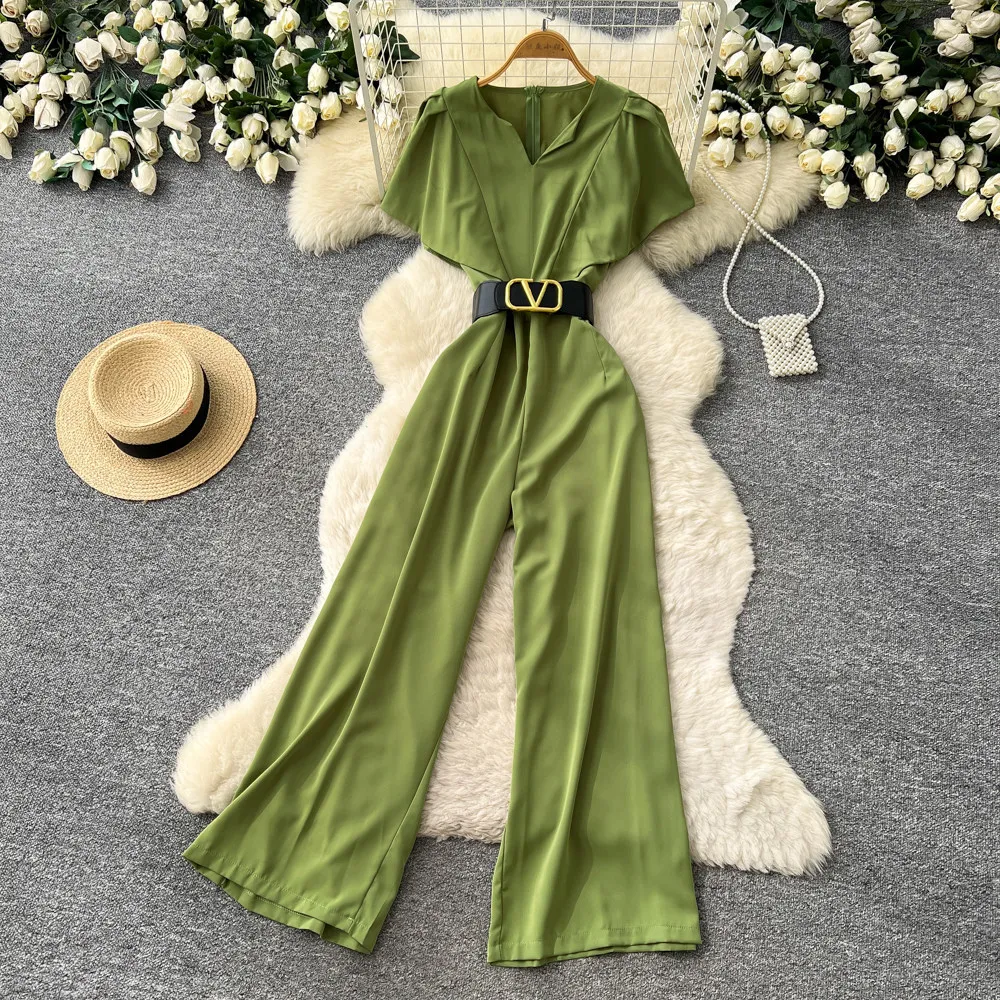 

Женский комбинезон с коротким рукавом, V-образным вырезом, длинными брюками, облегающий, с завышенной талией, в стиле Y2K, уличный повседневный комбинезон для работы 2026