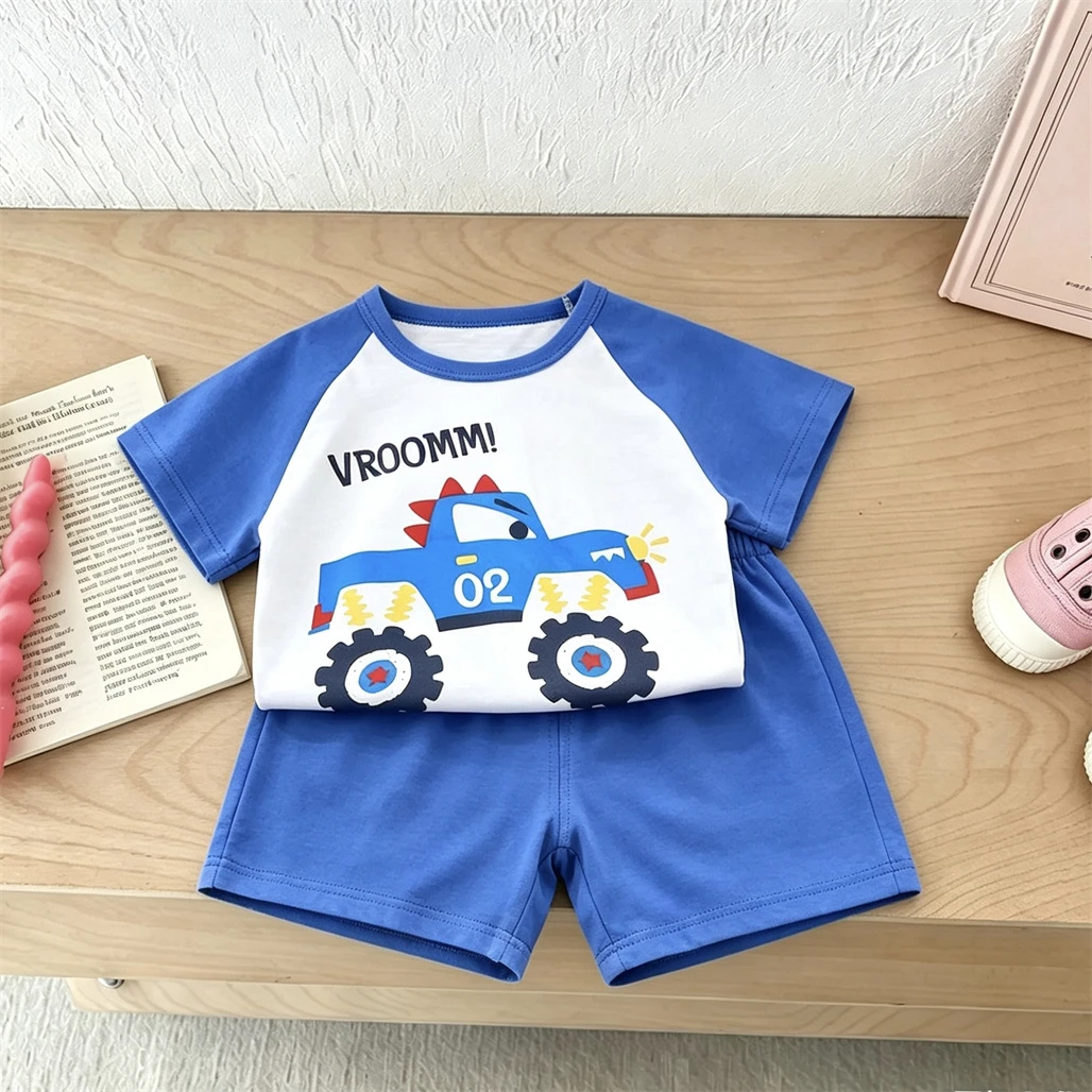 Kids Short-sleeved Outfits Summer Clothes Cartoon Print TShirt+Shorts Two Piece Set Lovely Crewneck Tops All-match Shorts Wear