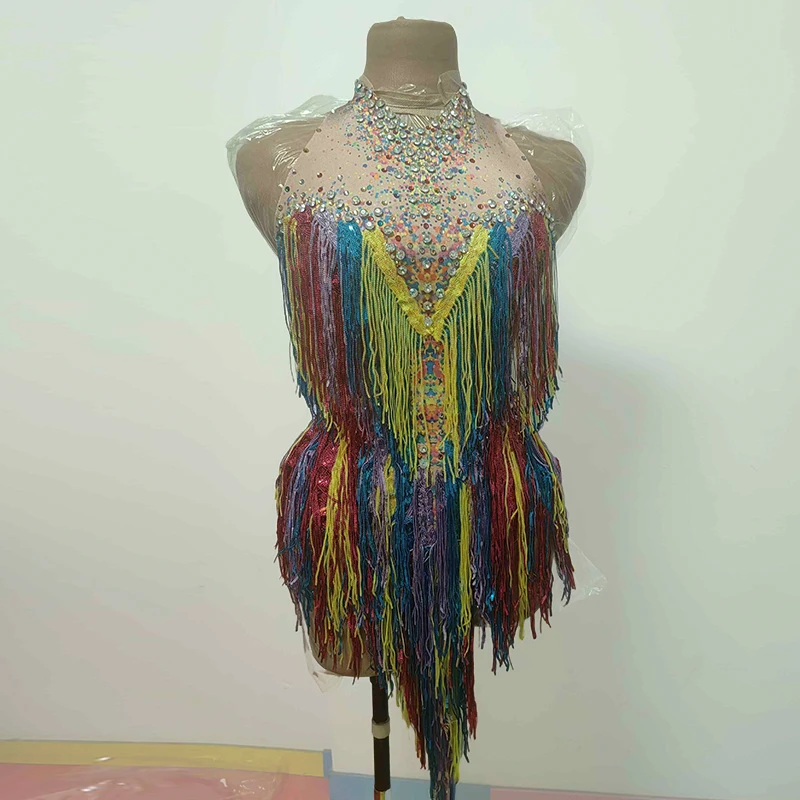 

Женские сценические костюмы, боди со стразами, красочная бахрома, сексуальная одежда, одежда для выступлений певицы, вечерние шоу, рейв-одежда VDL4083