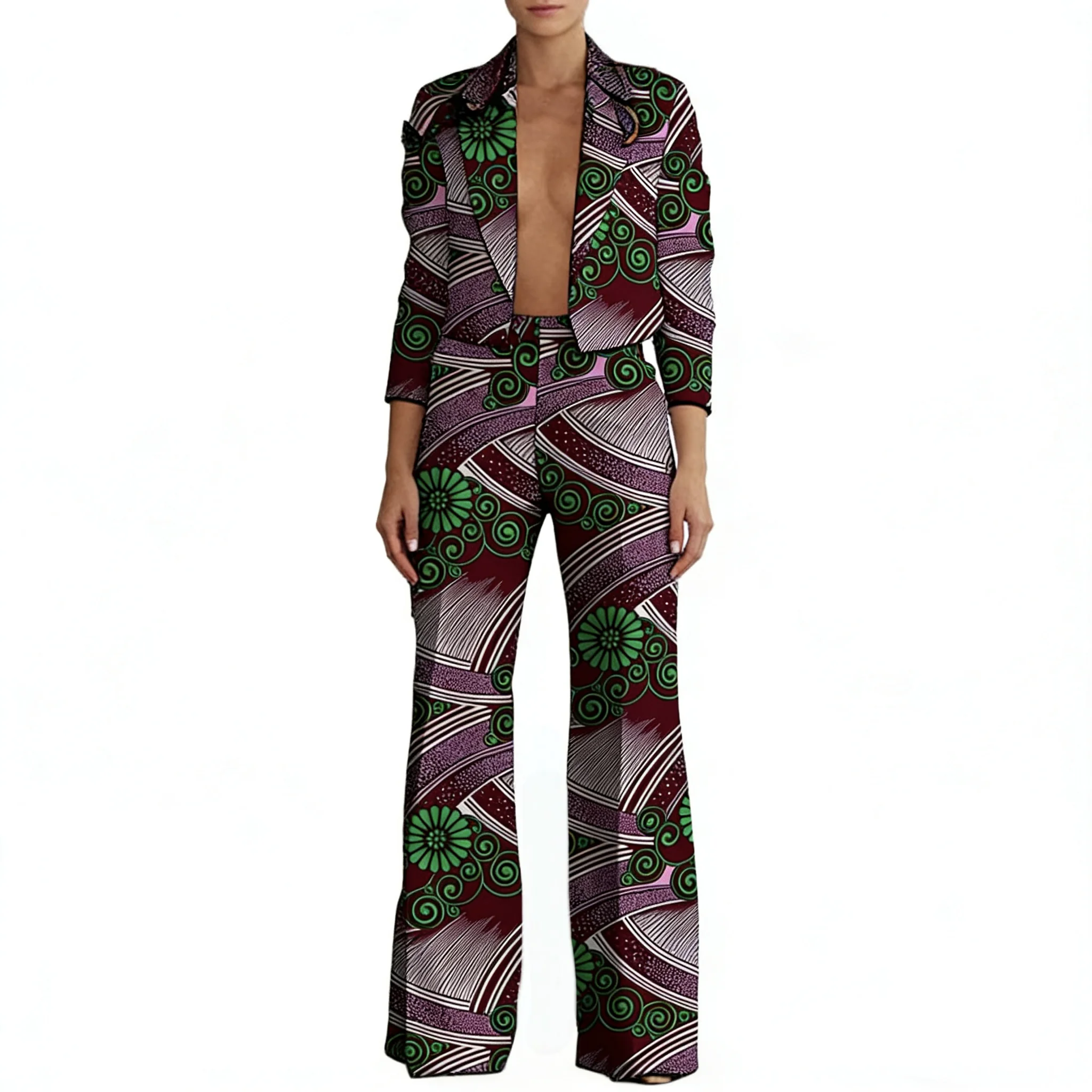 

African Print Couture Women's Casual Suit Vintage Mini Blazers With Flared Pants Tailored Female Ankara Outfits