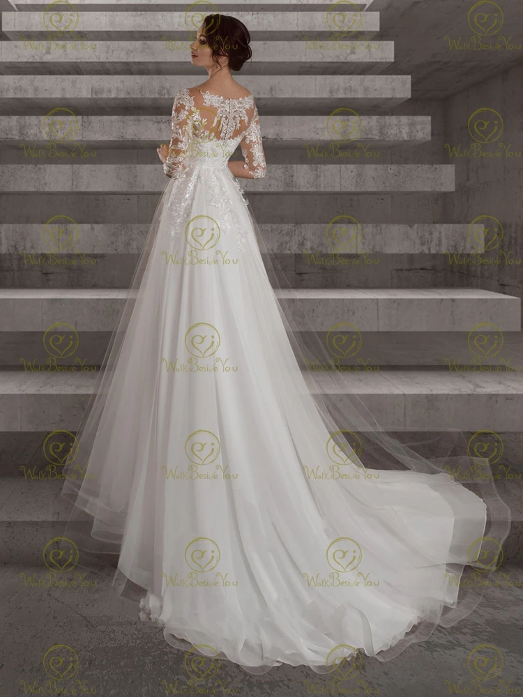 Long Pregnant Wedding Dress 2024 Empire Waist Sheer Neck 3/4 Sleeves Lace Applique Tulle A Line Bridal Gown Women Custom made