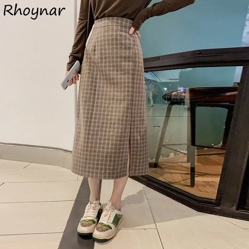 

Skirts Women College Midi Korean Style Vintage Plaid Leisure Tender Popular Simple Basic All-match High Waist Side-slit A-line