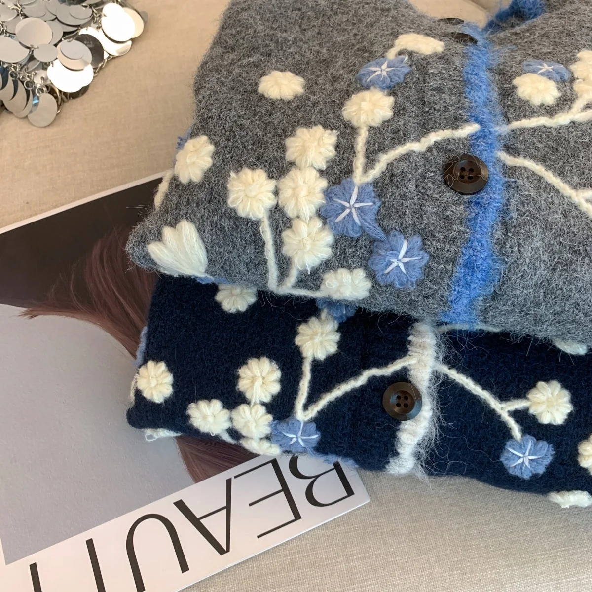 المرأة البحرية التطريز سترة سترة خمر البلوز متماسكة ملابس خارجية طويلة الأكمام سترة الكشمير المعنقة الخريف الشتاء 2000s الملابس