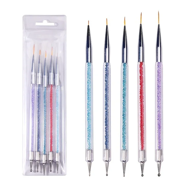 5 Stks/set 2 In 1 Dual-Ended Nail Art Liner Borstels Met Kristallen Handvat Professionele UV-Gel Punttekening Tekening Pen Diy Tools