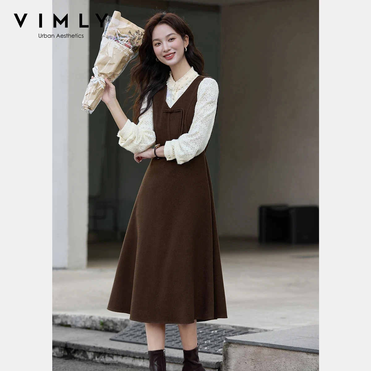 

VIMLY Women's Two-piece Dress Elegant Lace Round Neck Blouse Brown V-neck Sleeveless Midi Dresses 2025 Winter Dress Sets A3098