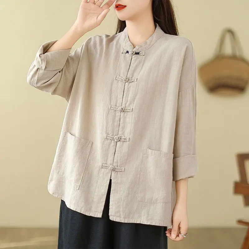 2026 New Loose Cotton Linen Chinese Style Women's Clothing Literary Retro Long Sleeve Shirt Hanfu Set Trendy