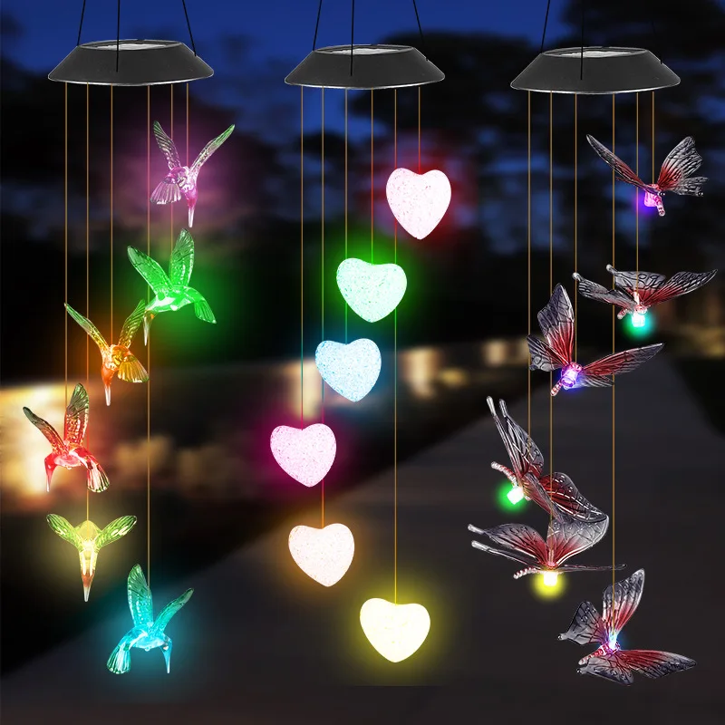 New LED Solar Wind Chime Light Colorful Gradient Hummingbird Butterfly Ball Courtyard Christmas Gift Outdoor Decoration