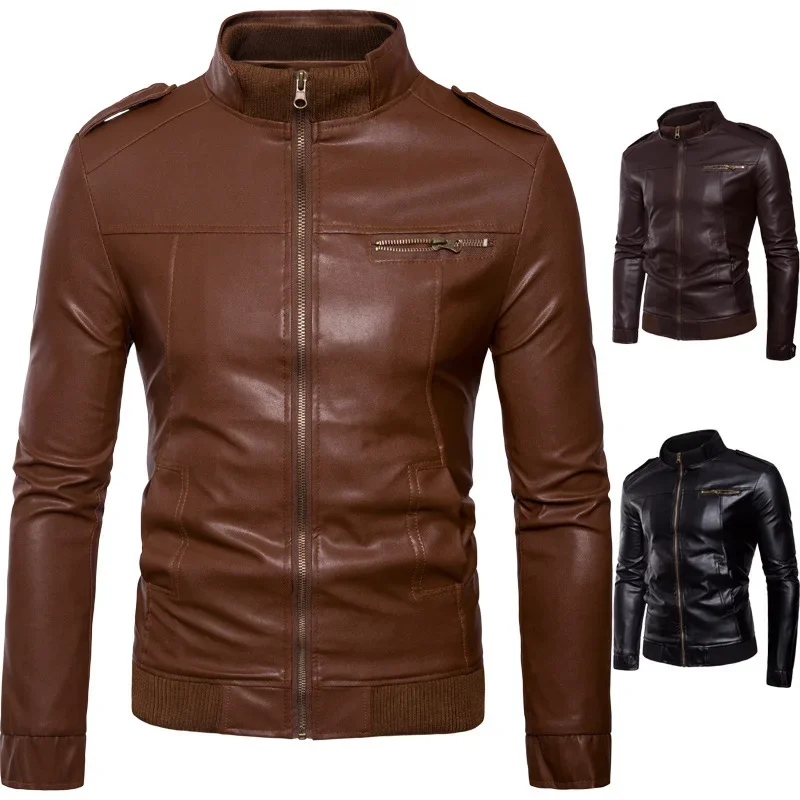 

2020 Autumn New Standing Collar Men's Motorcycle Leather Coat Washed PU Leather Jacket Coat