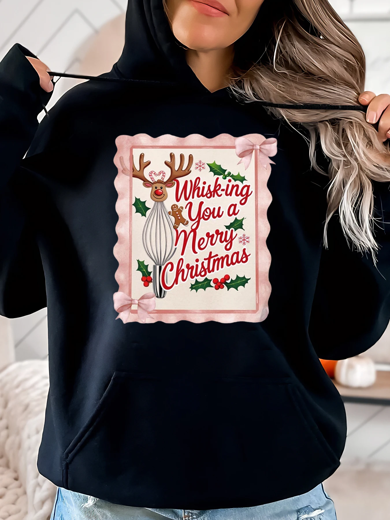 

Усы, ты с Рождеством, праздничная толстовка с принтом оленя и венчика, женская повседневная зимняя одежда, черный, большие размеры