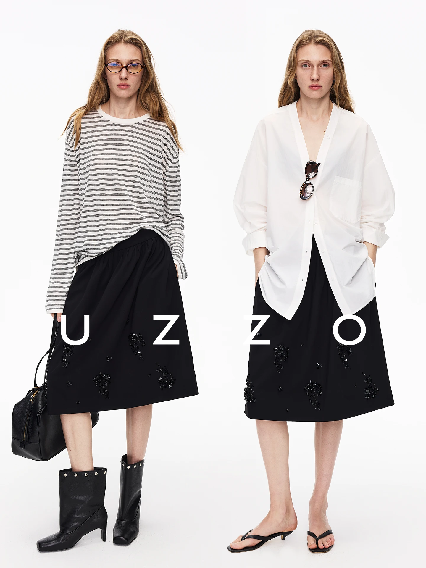 

UZZO Extreme Minimalist Handmade Beaded Artistic High Waist A-Line Midi Skirt Polyester Wool Nylon Rayon Blend No Stretch