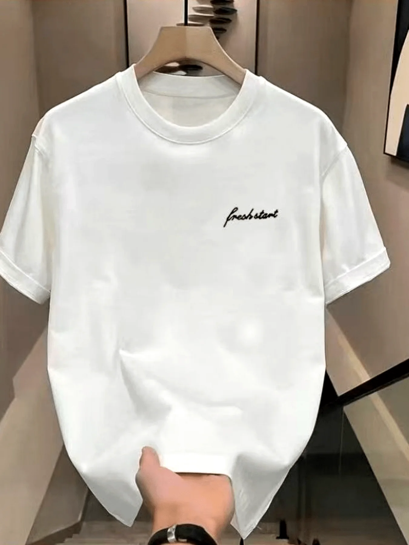 100% Pure Cotton Premium Men Tee, Soft High-End Texture, Minimalist Fresh Start Letter Print, Breathable Thick Loose Casual Tops