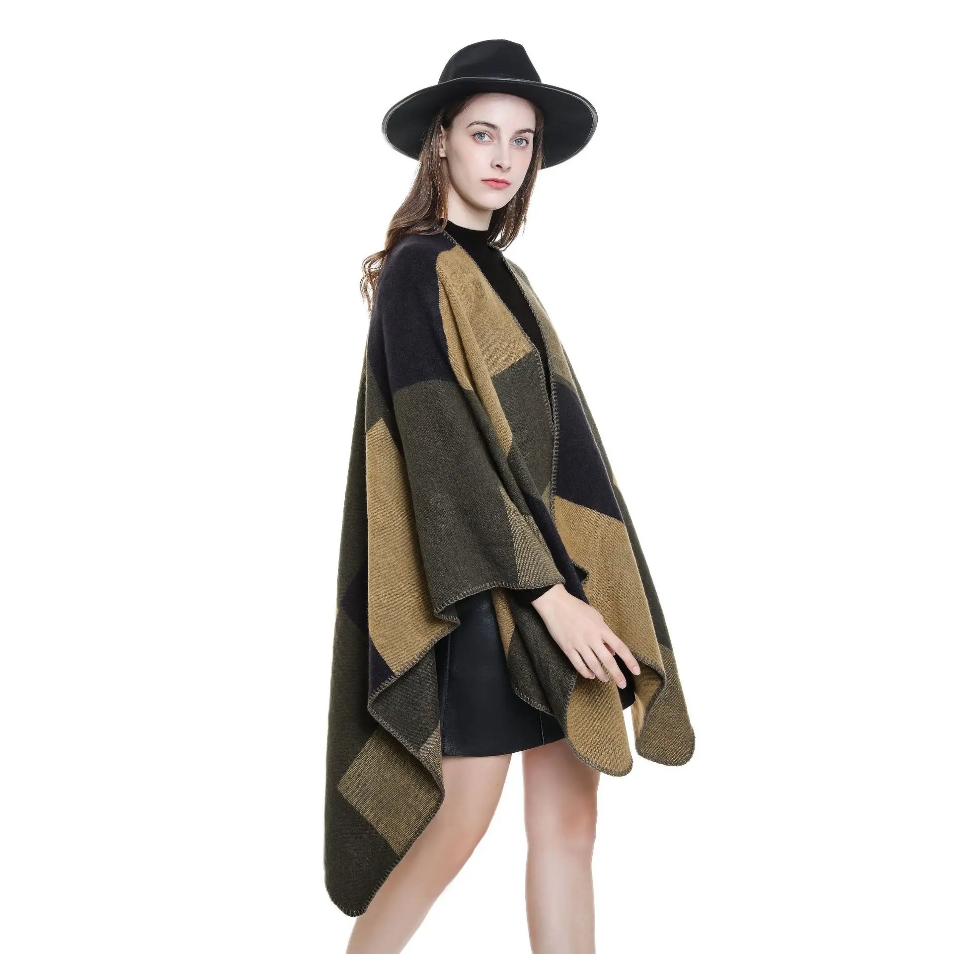 

135*155cm Women Loose Thick Warm Poncho Cloak Winter Big Pendulum Printed Plaid Long Shawl Cappa Faux Cashmere Sleeping Blanket