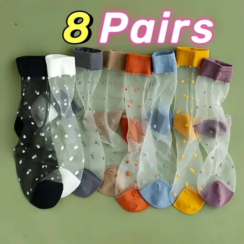 

8 pairs of women's socks - ultra-thin breathable crystal mesh polka dot design, moisture wicking and contrasting elastic edges, 95% polyester fiber and 5% spandex, elegant and casual summer socks