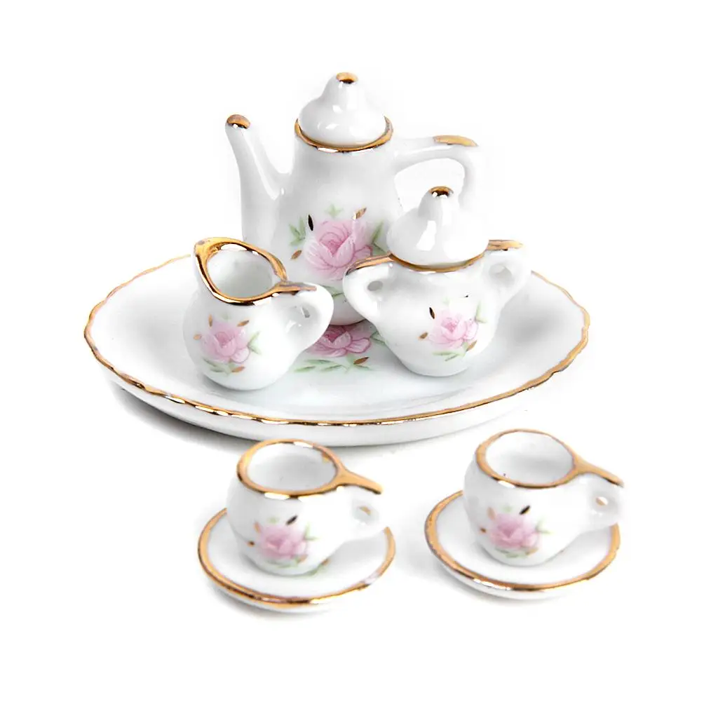 MagiDeal 8pcs Dollhouse Miniature Tableware Porcelain Tea Set Dish Cup Plate