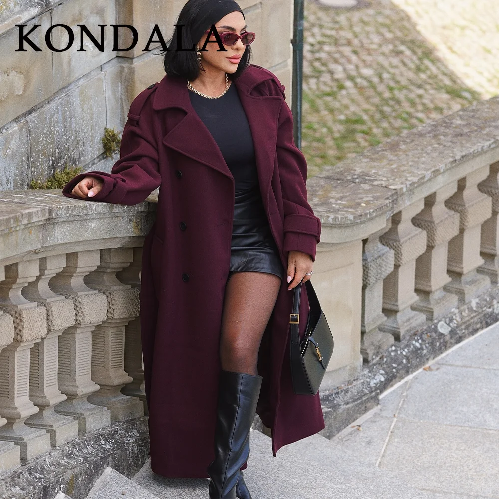 KONDALA 2025 가을 겨울 캐주얼 여성 롱 블렌드 롱 코트 버건디 빈티지 더블 브레스티드 끈 드롭 숄더 롱 코트