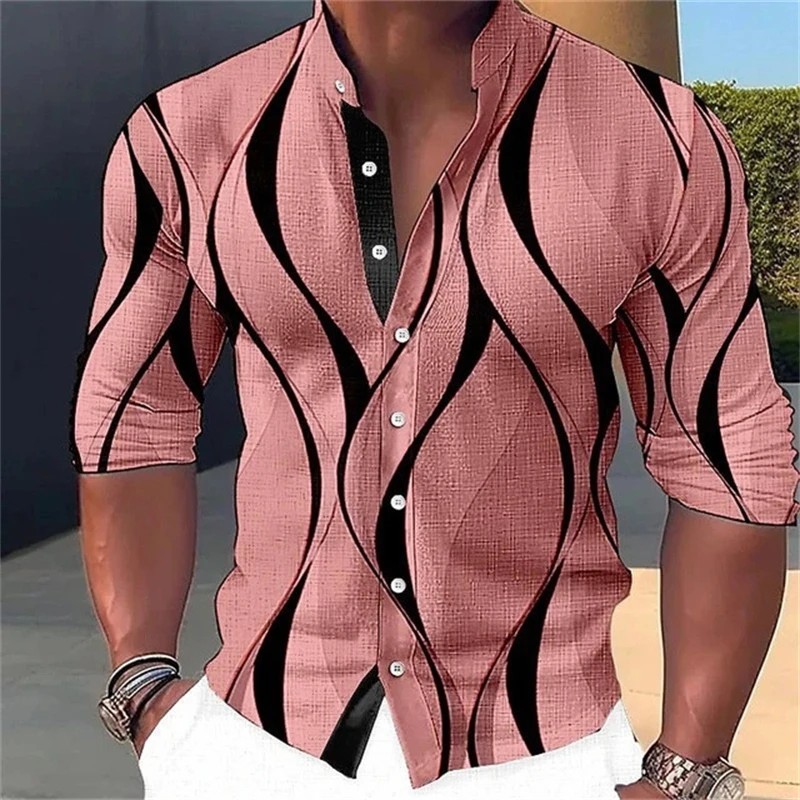 New Autumn Fashion Stripe Print Retro Pattern Buttons Shirt For Men Clothing 2024 Casual Long Sleeve Oversized Lapel Shirt Tops