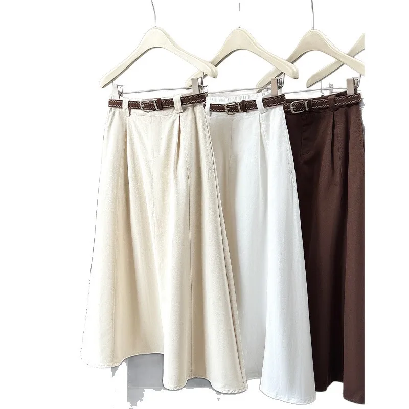 

Корейский стиль: женская юбка-миди с завышенной талией, А-силуэт, весна 2026, со съемным поясом, однотонная офисная юбка-карандаш