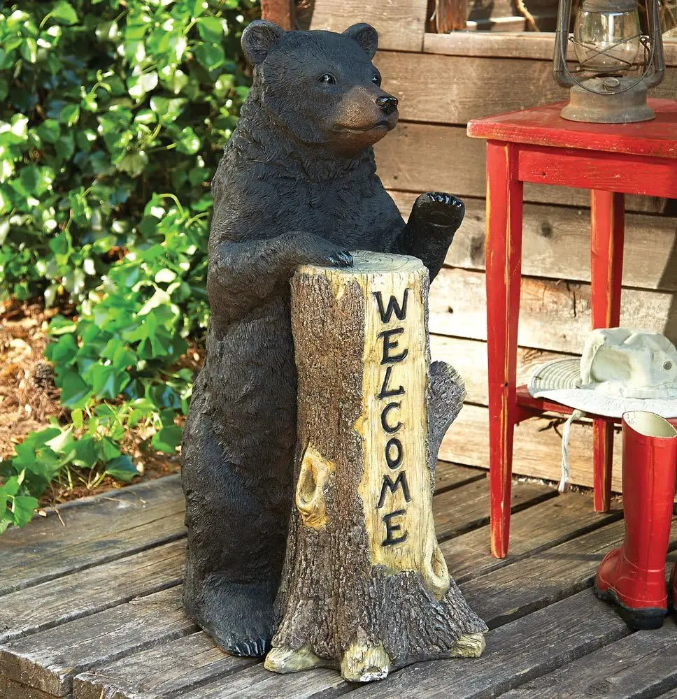 Forest Décor Standing Bear Welcome Tree Trunk – Rustic Black Bear Decor