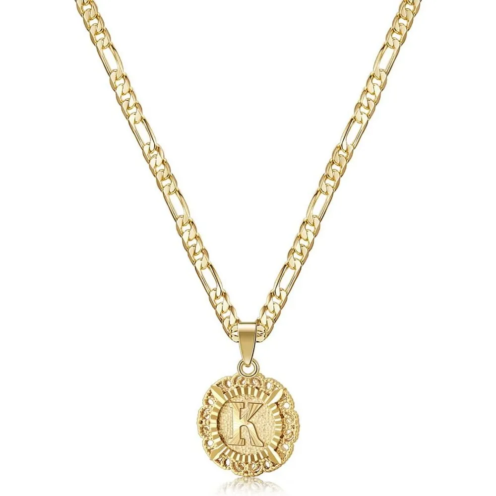 

14K Gold Plated Initial Necklace for Women – Round Letter Pendant A-Z on Figaro Chain