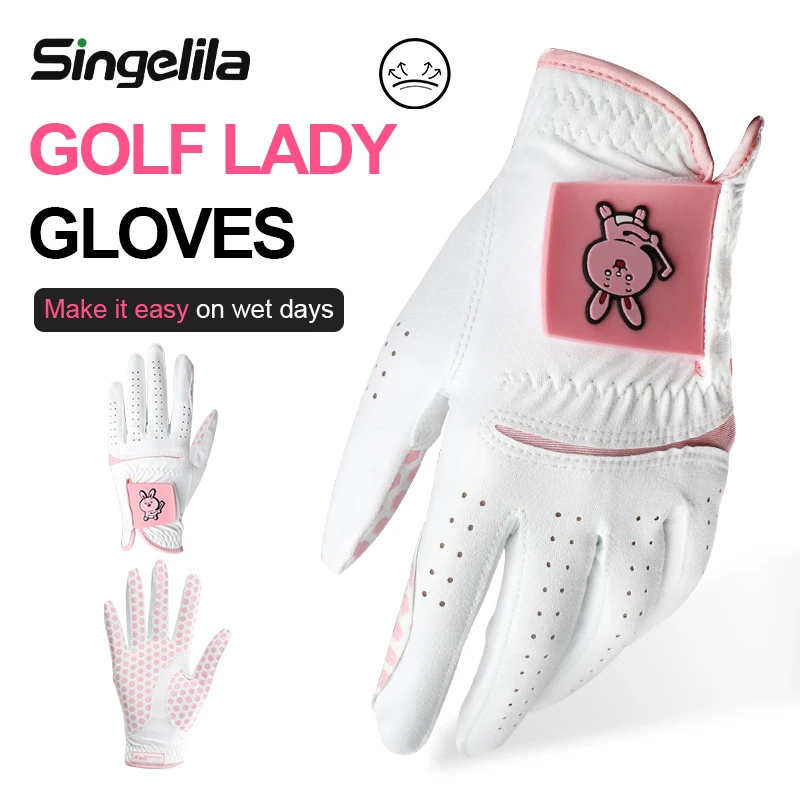 Singelila South Korea Japan Golf Gloves Women\'s Superfiber Cloth Wear-resistant PU Cute Cartoon Sports Non-slip Breathable