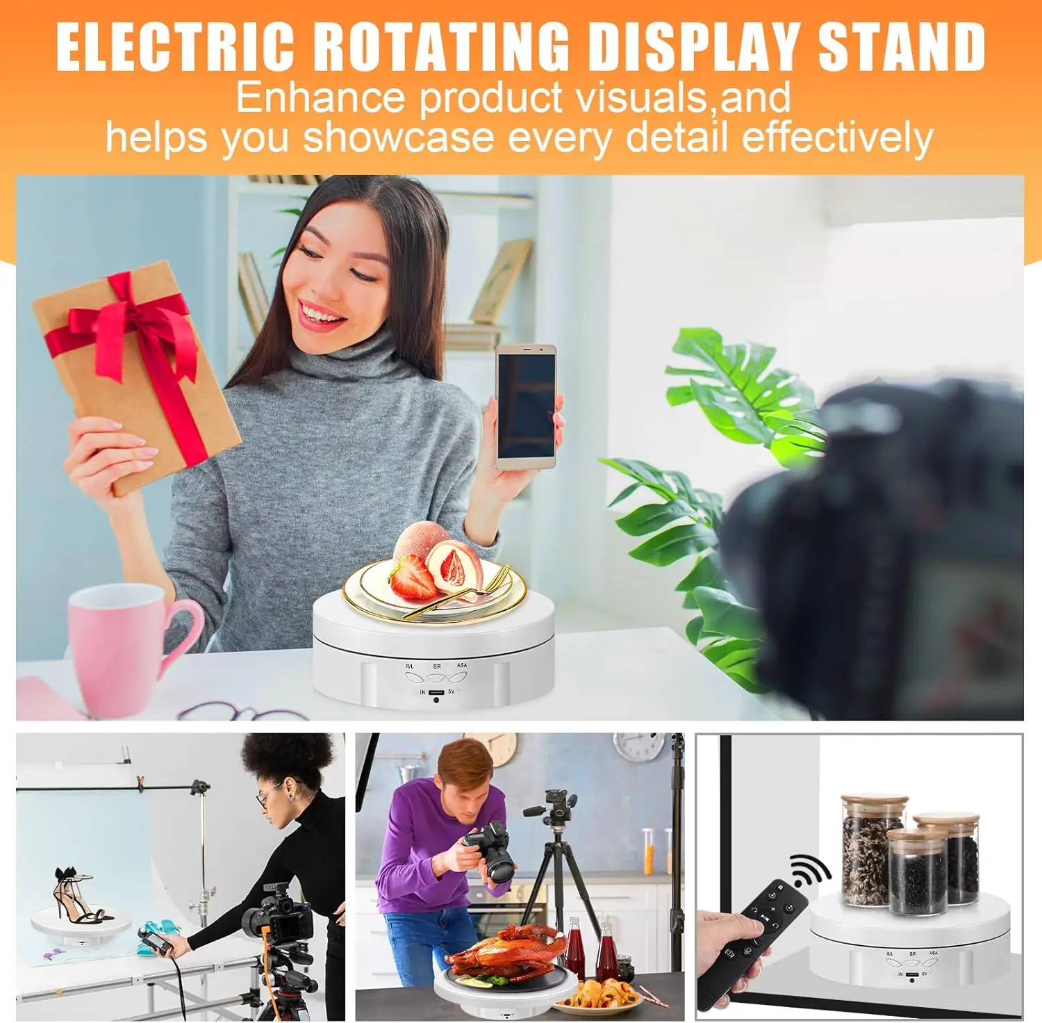 حامل شاشة دوار بمحرك 3 في 1، قرص دوار إلكتروني 360 درجة متوافق مع حامل عرض دوار مقاس 5.74/7.08/8.66 بوصة. (أبيض)