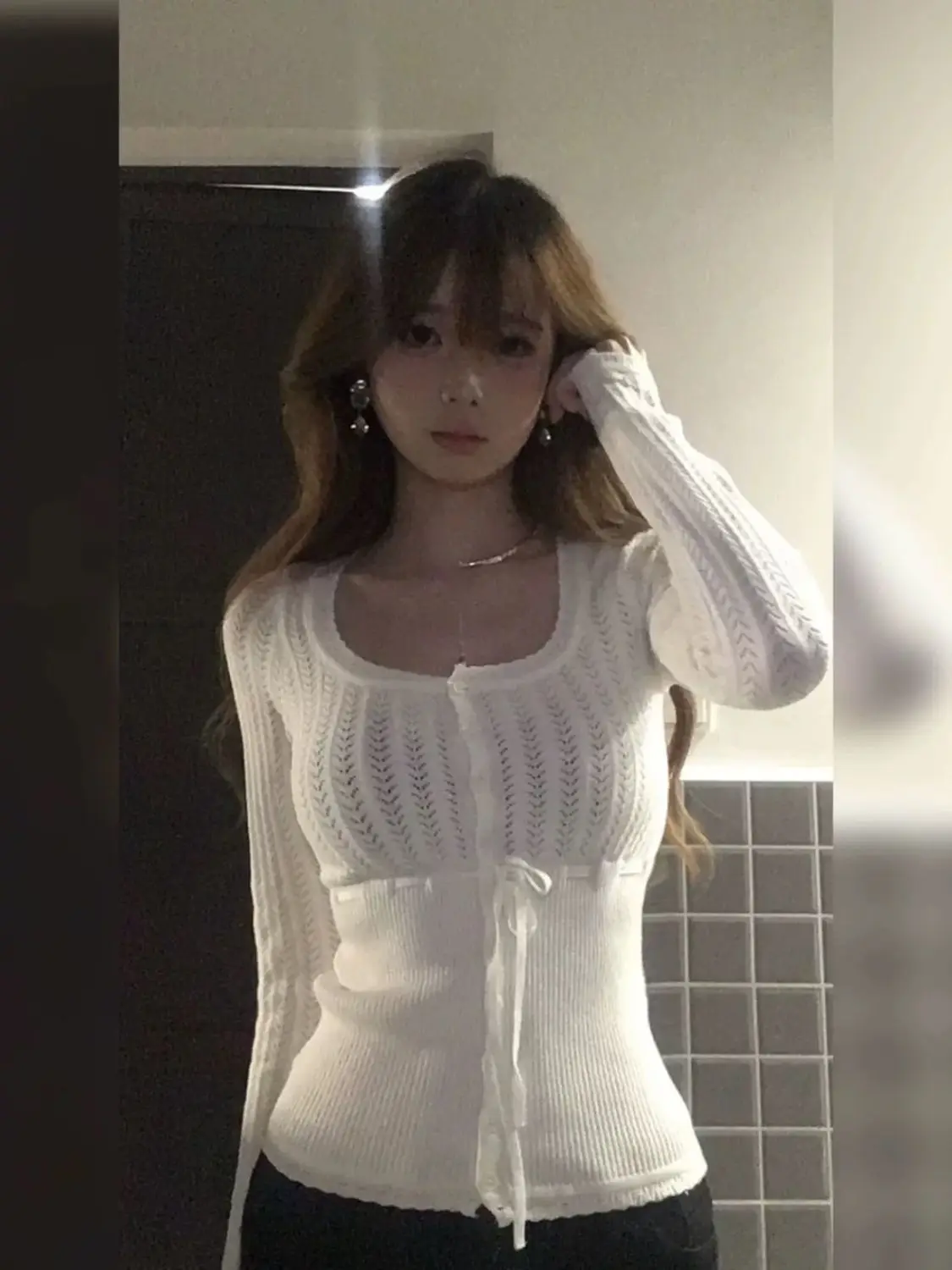 

Тонкий кардиган в корейском стиле, простой однотонный вязаный топ с завязками и длинными рукавами, укороченный топ с тонкой талией и вырезами