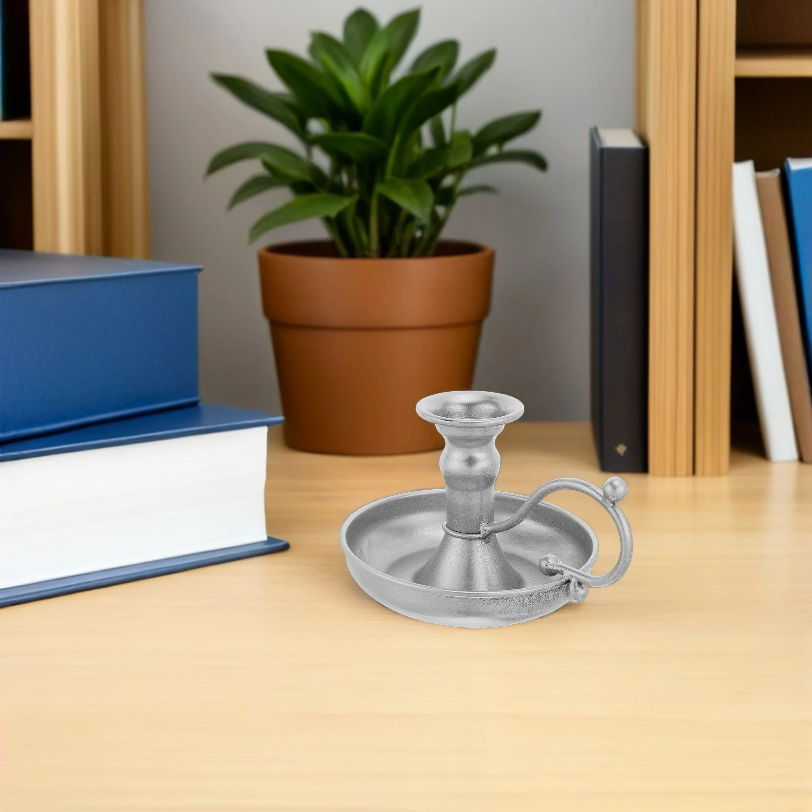 

Vintage Metal Holder with Handle Tapered Candlestick in Silver Rustic Farmhouse Style Wide Drip Plate for Living Room