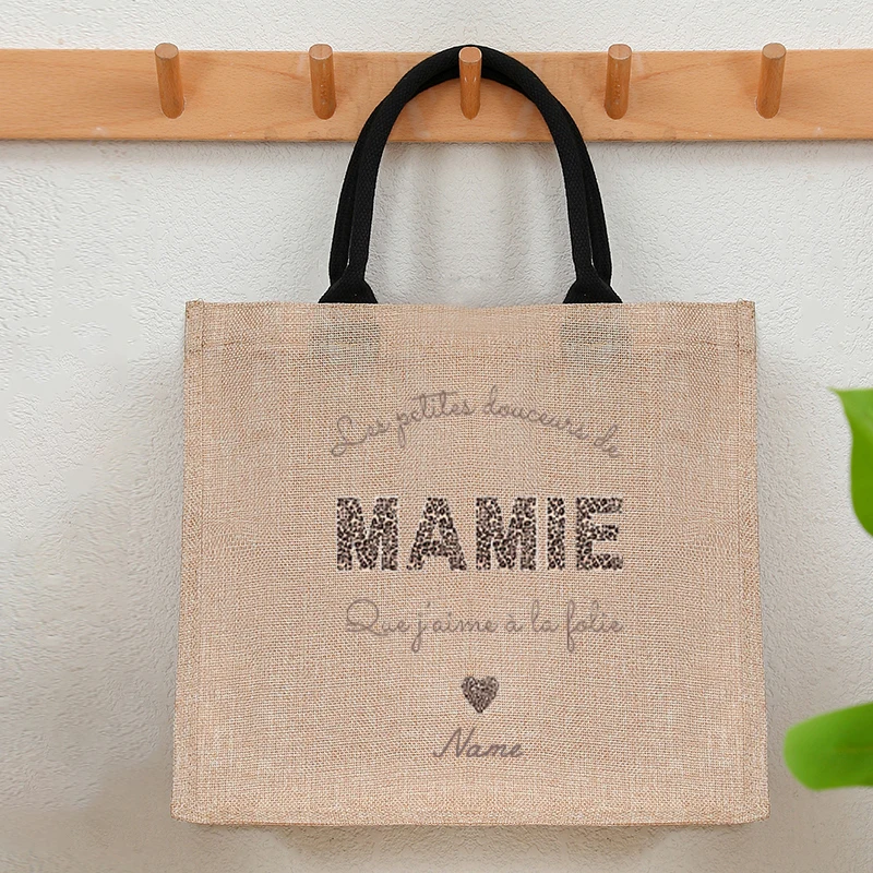 Personalized with Name Floral Boho Leopard Mamie Heart Bow Patterns Jute Tote Bag Shopping Bags Mum Daughter Mother's Day Gifts