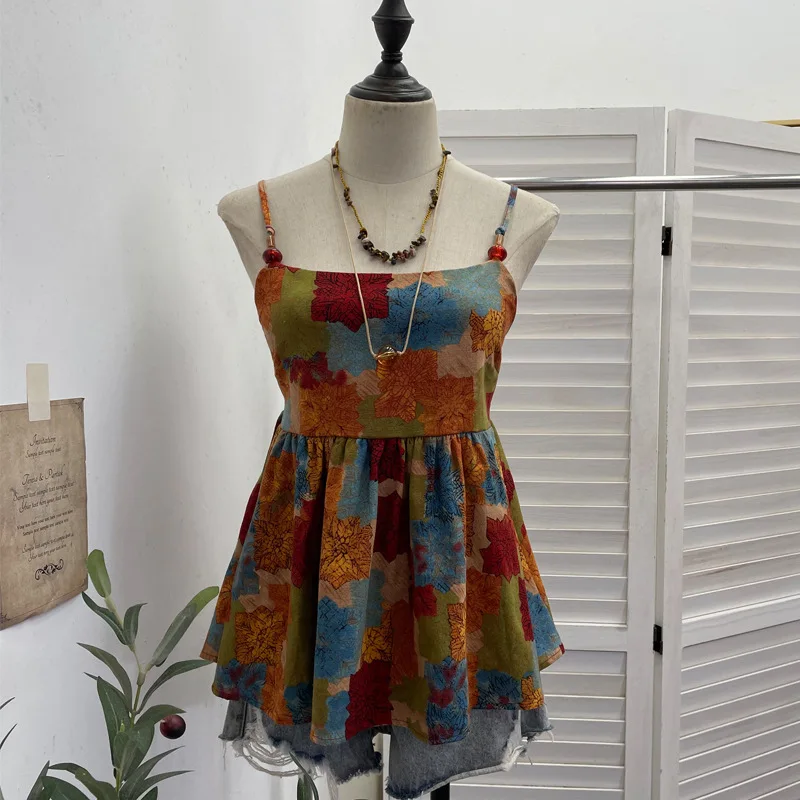 Vacation Style Oil Painting Print Cami Top Slim Fit Sleeveless Tank Top, Fashion Spaghetti Strap Camisole Beach  Outfits 1220