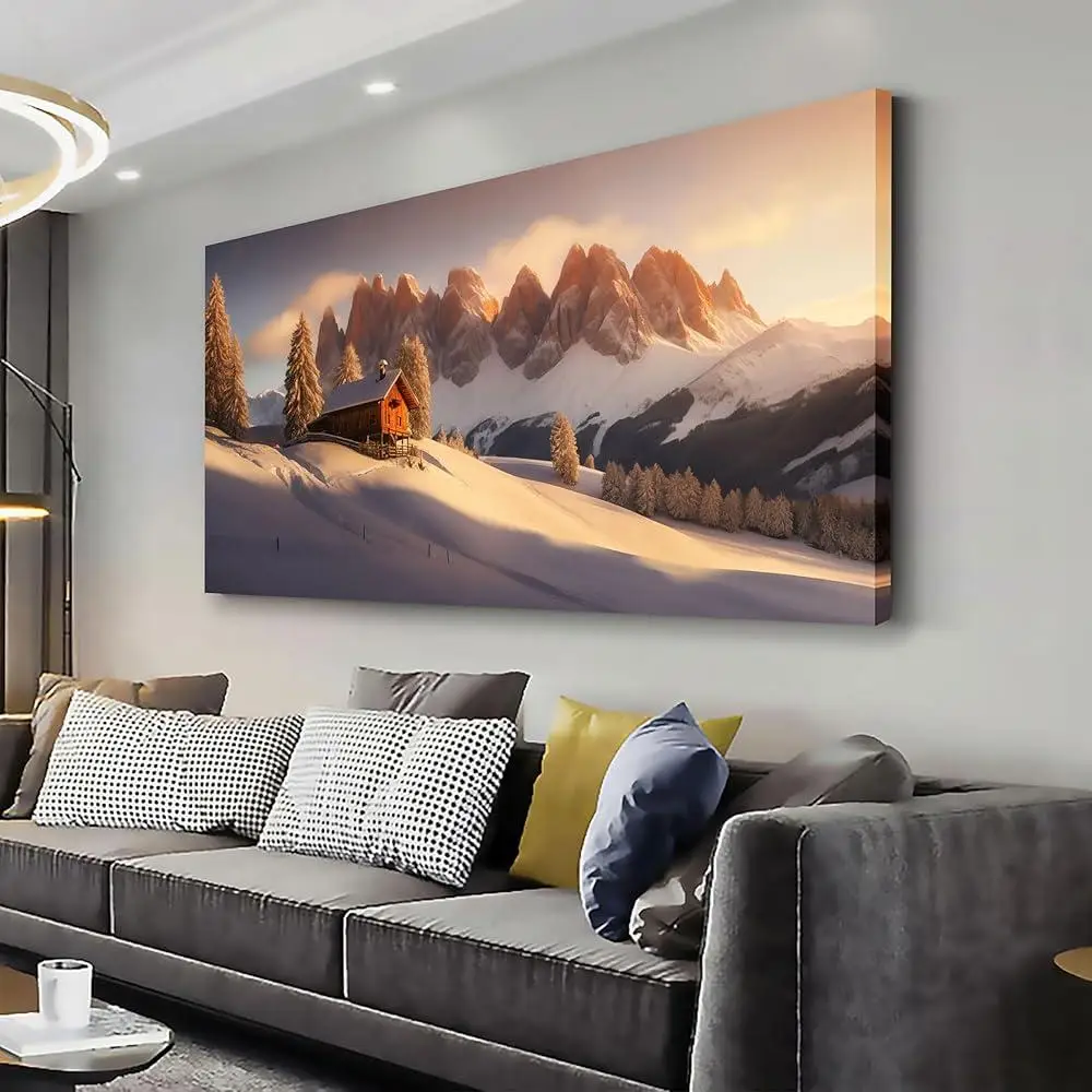 Landscape Wall Art Canvas Snow Mountain Huts Sunset Scene High Definition Printing Easy Hanging Decor Living Room Bedroom Office