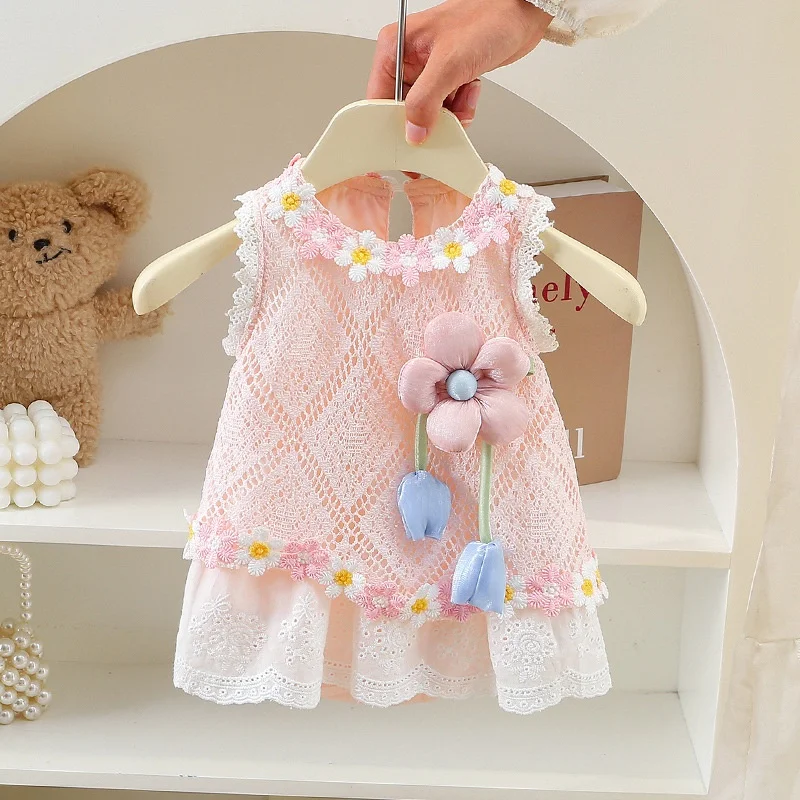 2026 Summer 3M-3Y Baby Girls Bodysuit Sleeveless Hollow Mesh Skirted Romper 3D Flower Lace Trim Newborn Clothes