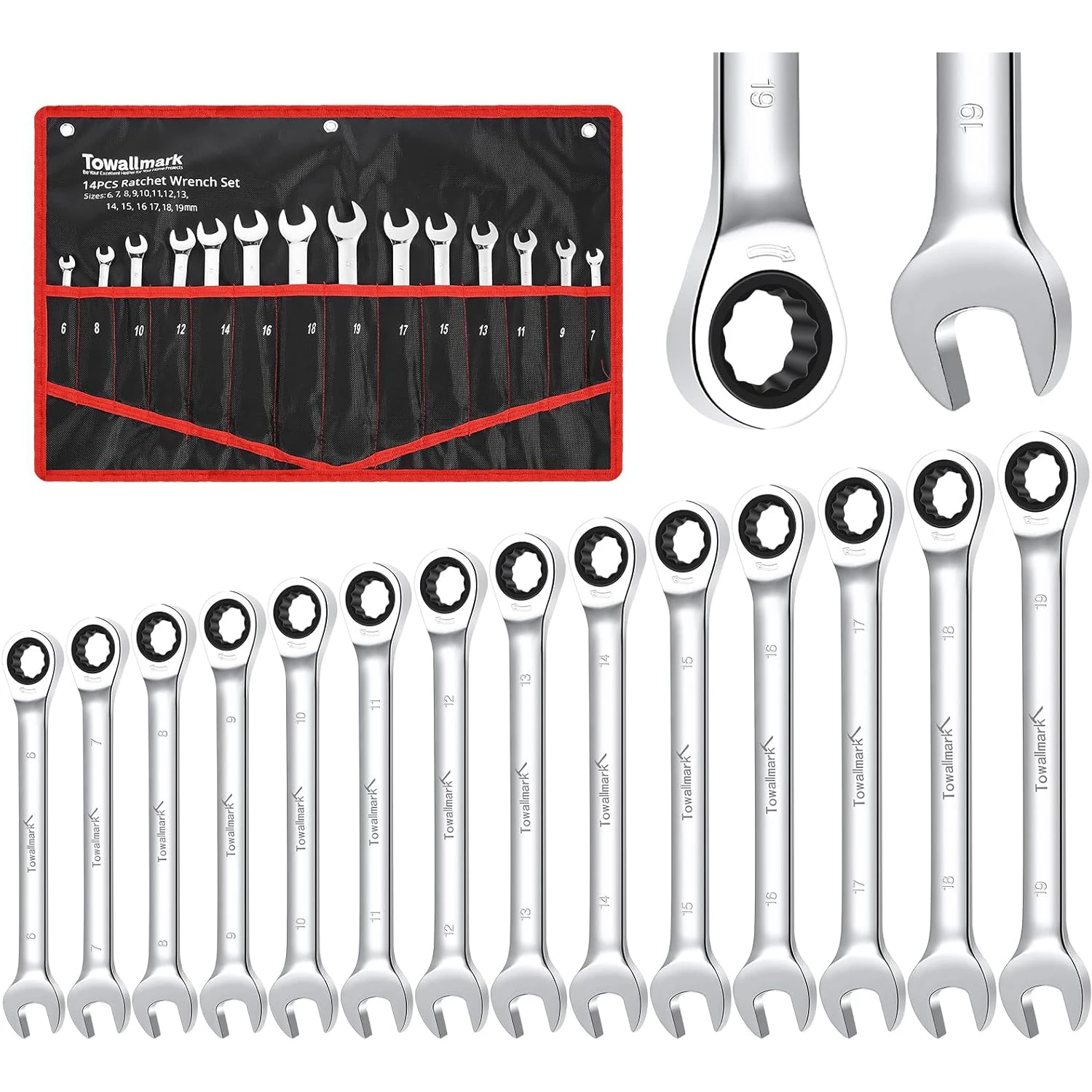 

Набор из 14 метрических ключей с трещоткой 6-19 мм, с фиксированной головкой, из хромованадиевой стали, с сумкой для переноски, для автомастерских