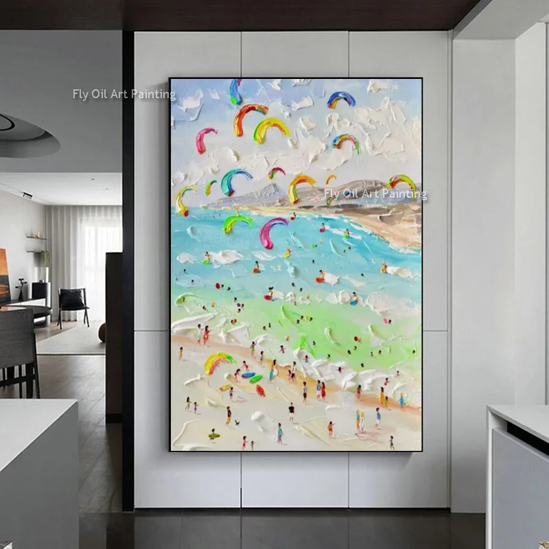 Handmade Modern People Swimming In The Sea Artwork Summer Seawave Canvas Art People Play On Beach Thick Oil Painting  For Decor
