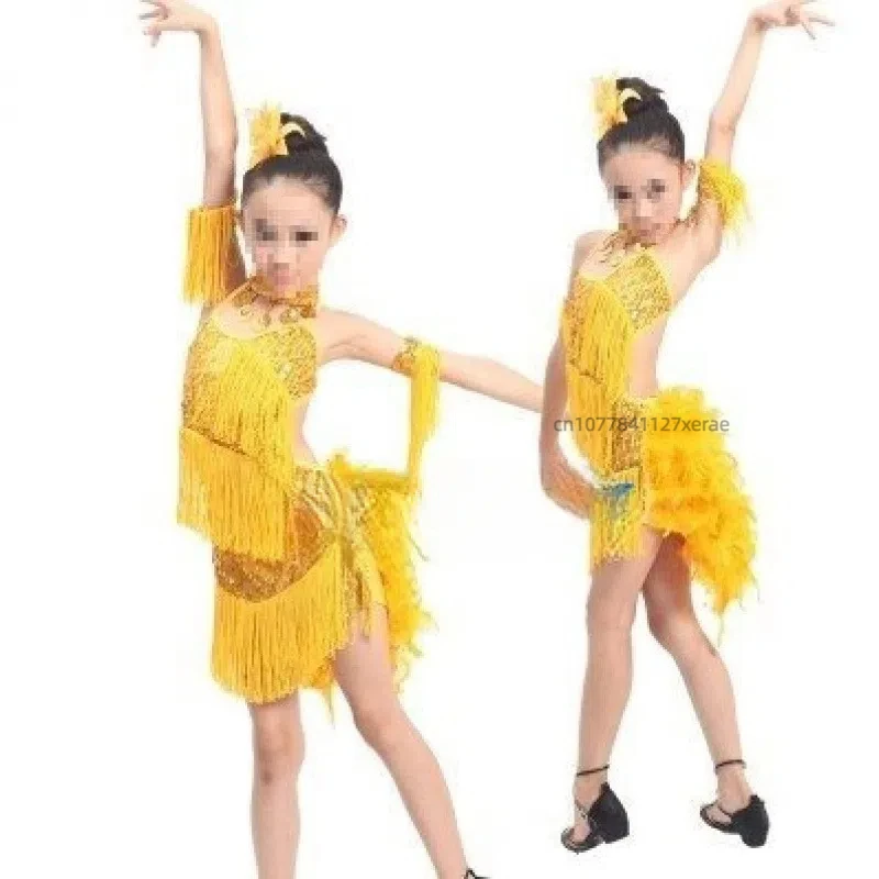 Children's Latin Dance Dress Performance, Girls' Sequin Tassel Feather Performance Costume, Group Stage Performance, Dance Dress