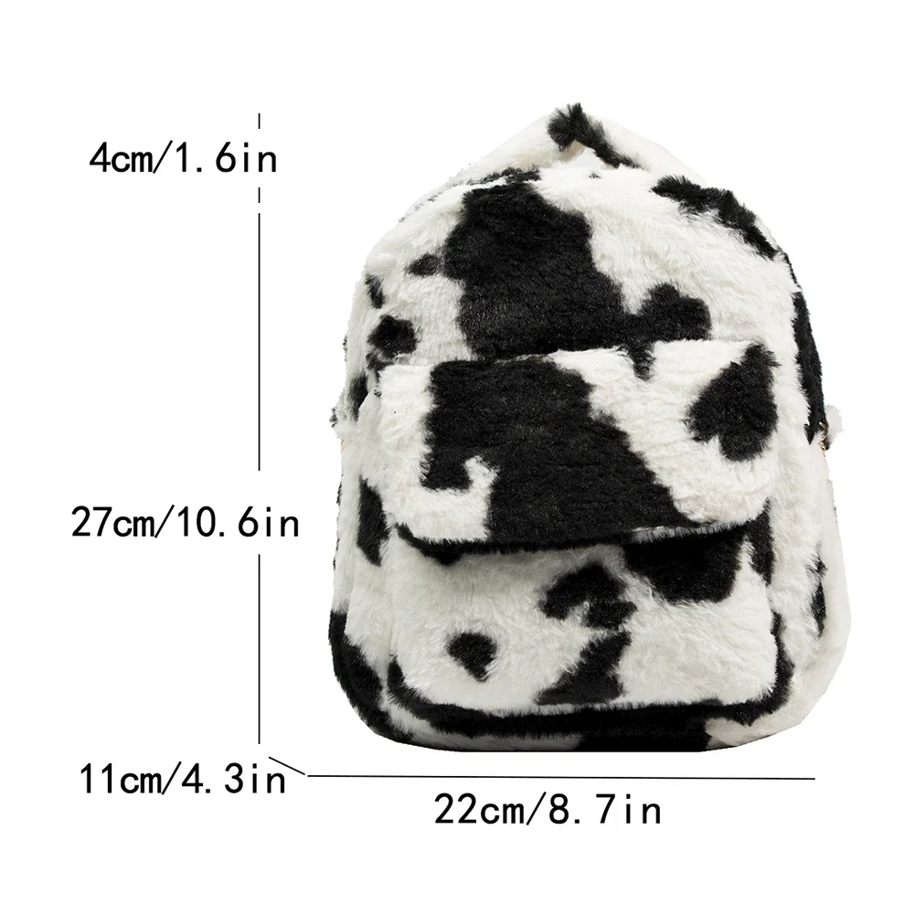 Milk Cow Pattern Women Backpack Autumn Winter Plush Backpacks Cute Fluffy Shoulder Bag Furry Handbags Casual Shopping Backpack