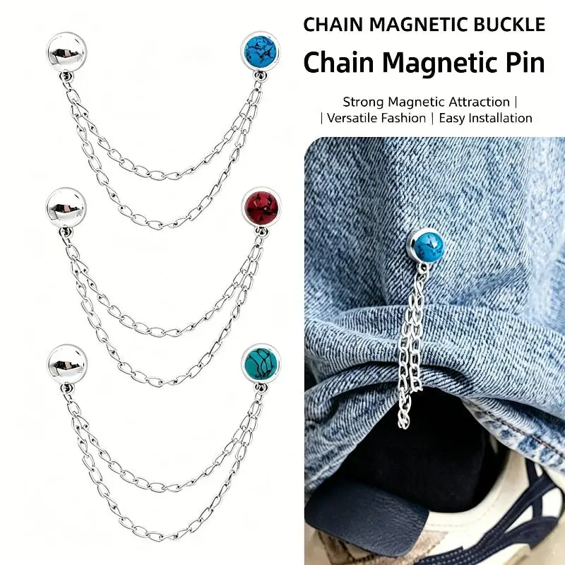 Magnetic Pants Chain Buckle 2 Pack Silver Strong Adsorption Quick Easy Install for Casual Pants Garment Fixing Accessories