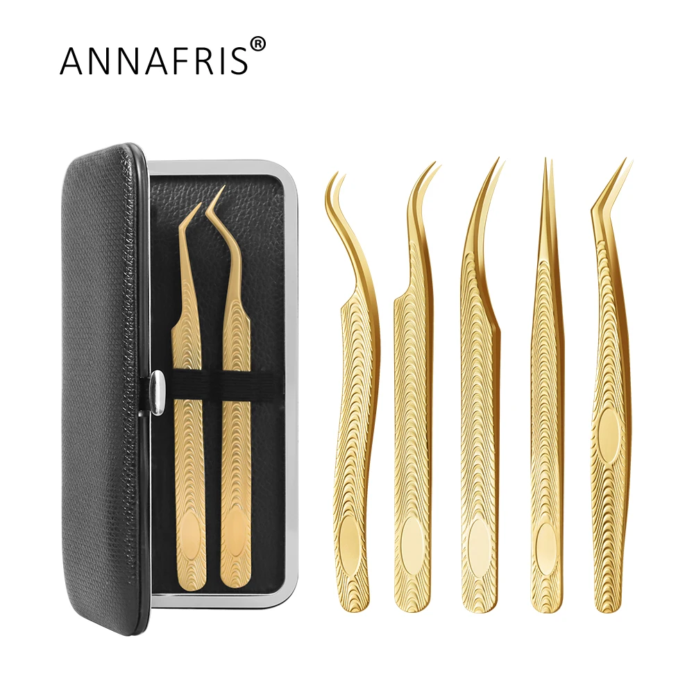 ANNAFRIS Stainless Steel Eyelash Extension Tweezers High Precision Non Slip Lashes Tweezer Set Makeup Tools