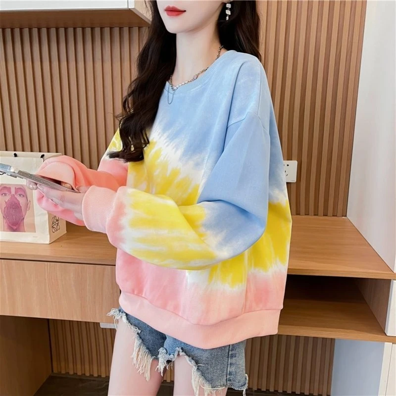 التعادل صبغ التدرج الإناث البلوز الأعلى لطيف اللون 90s خمر الكورية موضة البلوز الأساسية الجولة الرقبة المرأة بلوزات