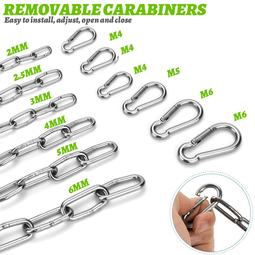 304 Stainless Steel Chain with Quick Buckle 2/2.5/3/4mm Heavy Duty Rust-proof for Punching Bag/Chair/Hammock/Swing 1-5M