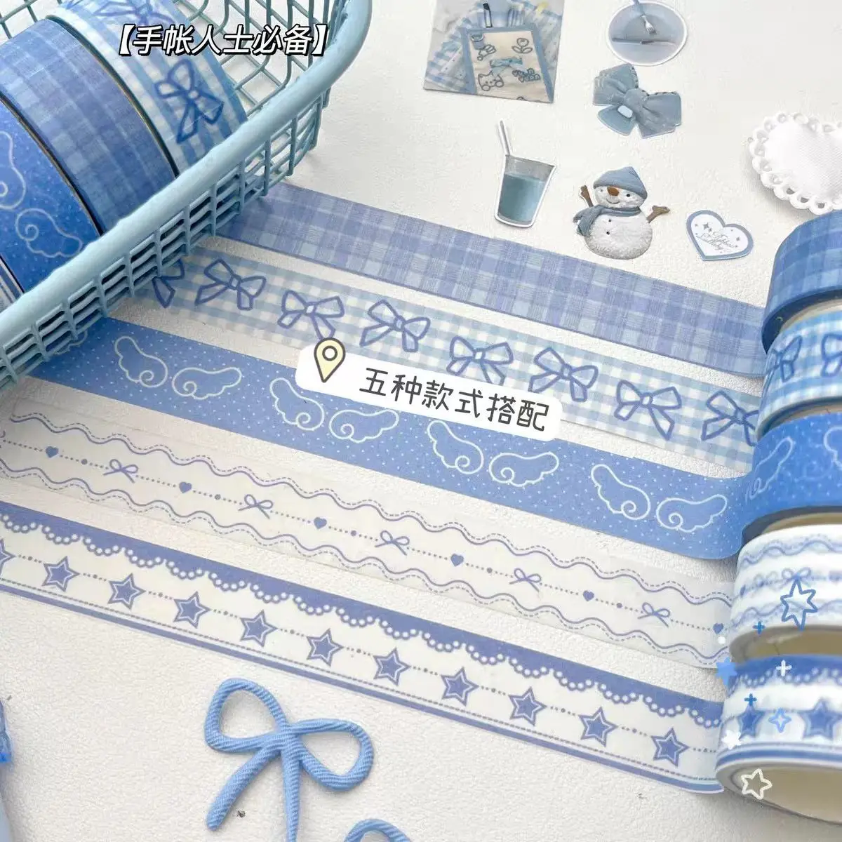 5 Rolls Korean Aesthetic Blue Washi Tape Bow Cloud Star Checkered Decorative Masking Tape For Journal Scrapbooking Stationery - view 4