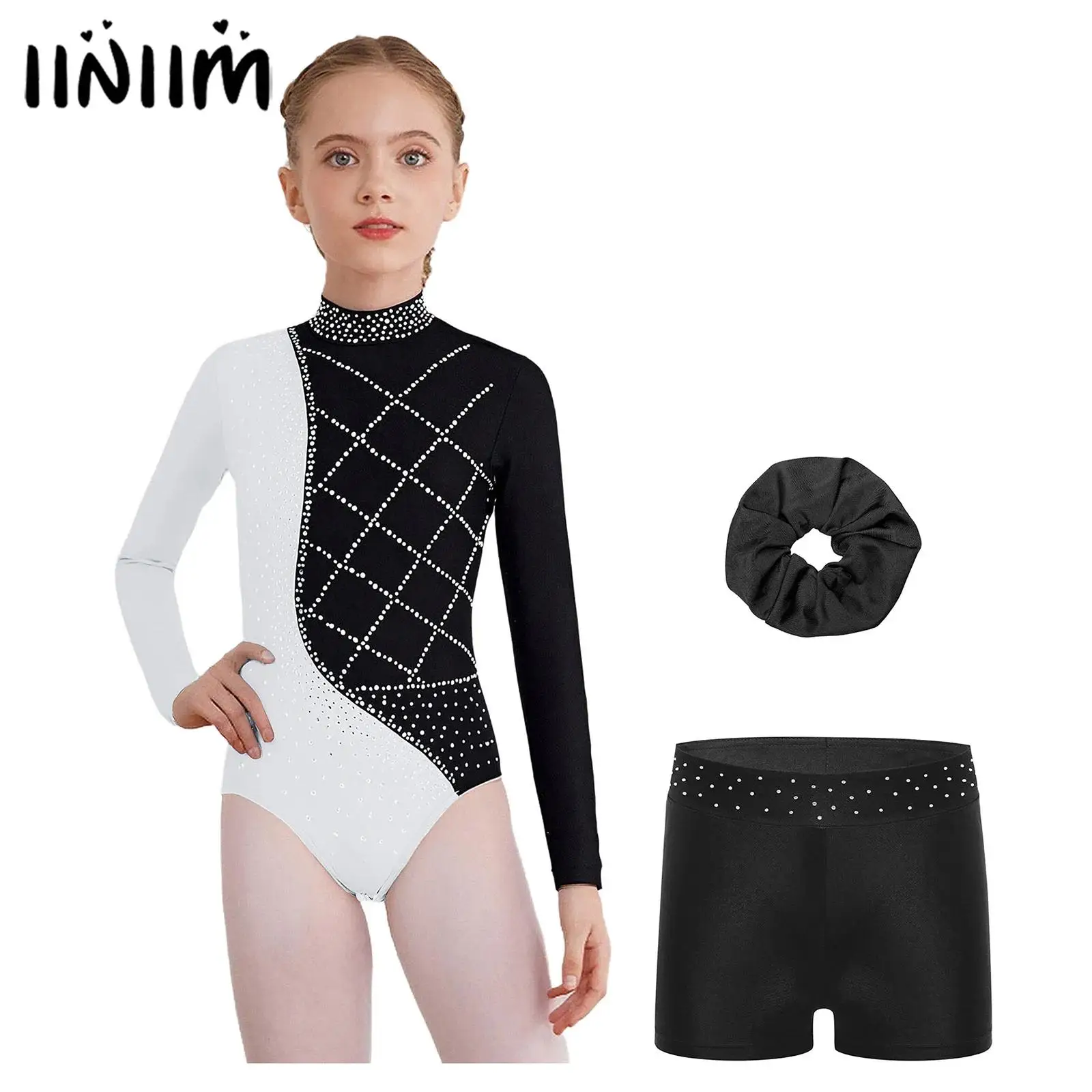 

Детский гимнастический купальник для фигурного катания для девочек, наряд для балета и танцев, блестящий купальник со стразами и шортами и ободом для волос с длинными рукавами