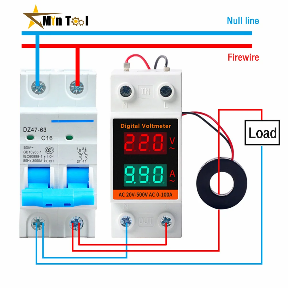 Din Rail LCD Dual Digital AC Voltmeter Ammeter AC220V 380V Meter AC60-500V AC0.00-99.9A Amp Monitor for Electrician Tool