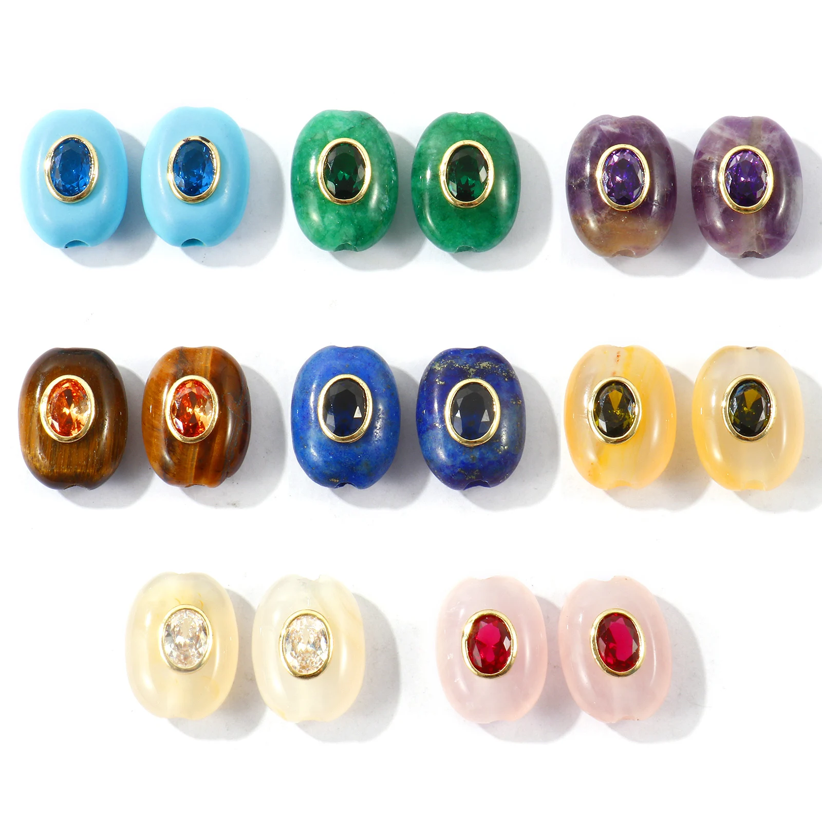 2pcs Multicolor Natural Stone Geometric Beads Cubic Zirconia For DIY Jewelry Making 18K Gold Plated Oval Brass Space Beads Gift