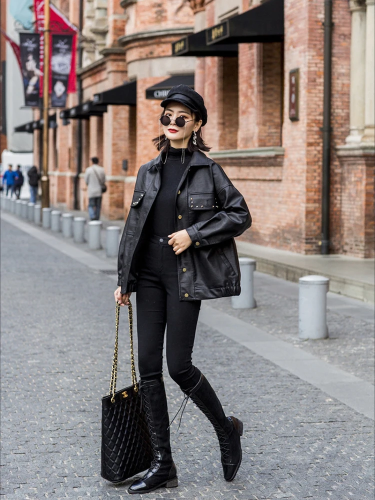 Leather jacket 2025 new women's coat Spring and Autumn motorcycle handsome loose embroidery rivet heavy industry PU jacket