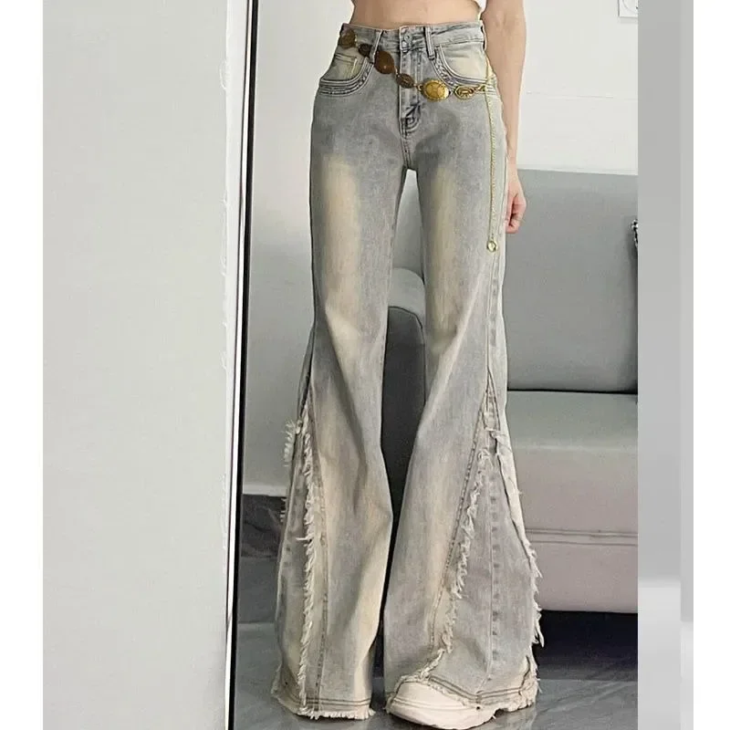 بنطلون جينز نسائي أمريكي ريترو عالي الخصر متوهج بتصميم مرقع مهدب، سروال مستقيم نحيف وتنحيف على شكل حدوة حصان