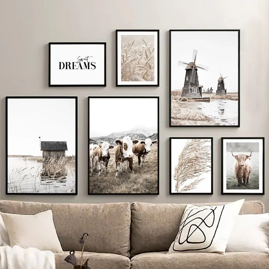 Wall Art Canvas Painting Scottish Windmill Farm Kyloe Horse Reed Living Room Decoration Poster And Print Home Wall Picture Club