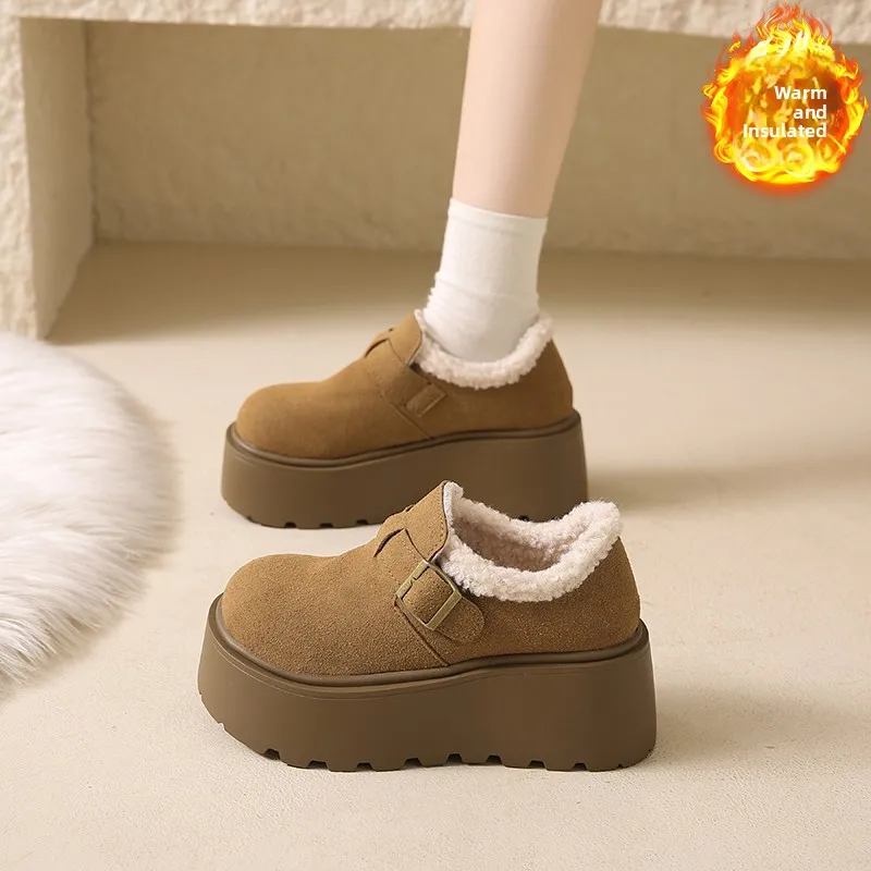 Elevated Fluffy Lined Slip-On Women's  Shoes Thick Platform Casual round Toe High Heel Glue Welded Rubber Bottom