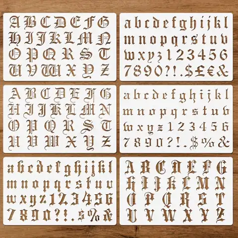 [SU]Gothic Calligraphy Stencil, 6-Pack Reusable Old English Letter Number Template For DIY Painting, Craft, Scrapbooking[SU]
