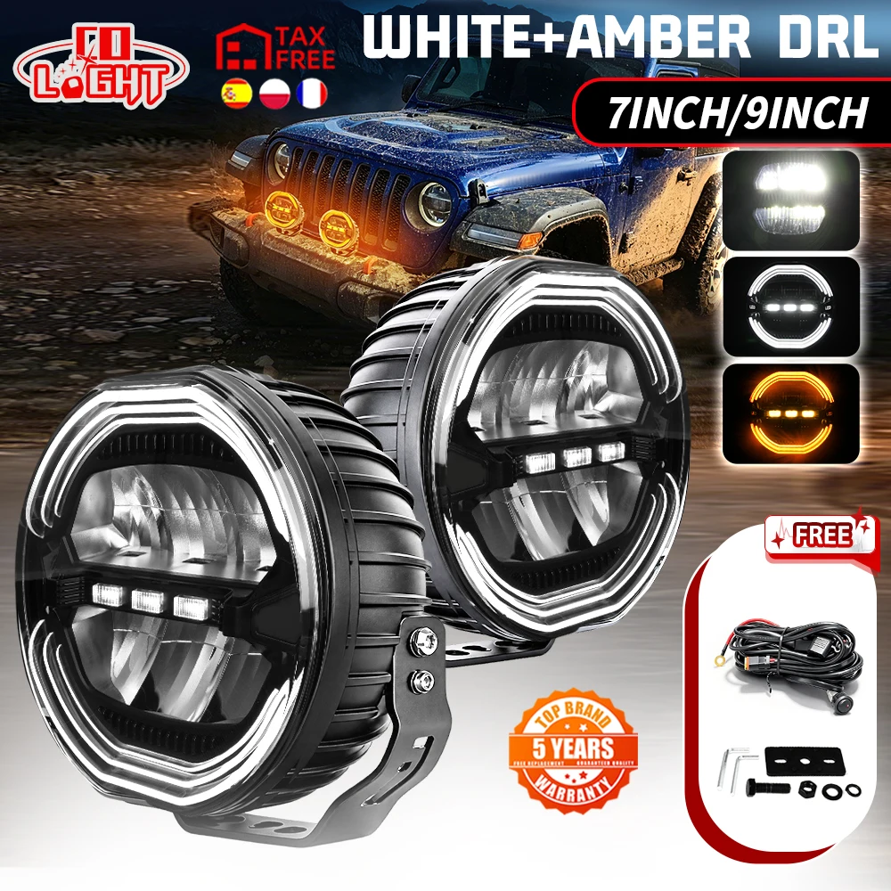 CO LIGHT New off-road use 7 Inch Round LED Driving Light Flowing DRL White Amber Dual Color 4X4 For 4WD Truck Pickup SUV 12V 24V